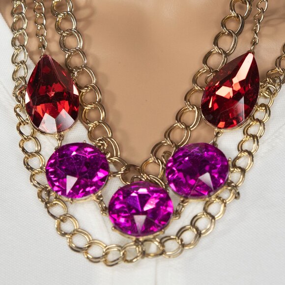 Large Red And Purple Colored Faux Gems On A Faux Gold Colored Chain - Picture 1 of 8